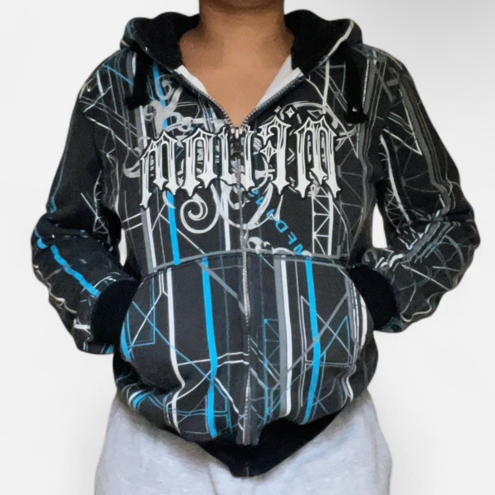 mfdm Black & Blue Graphic Zip-Up Hoodie - Size M